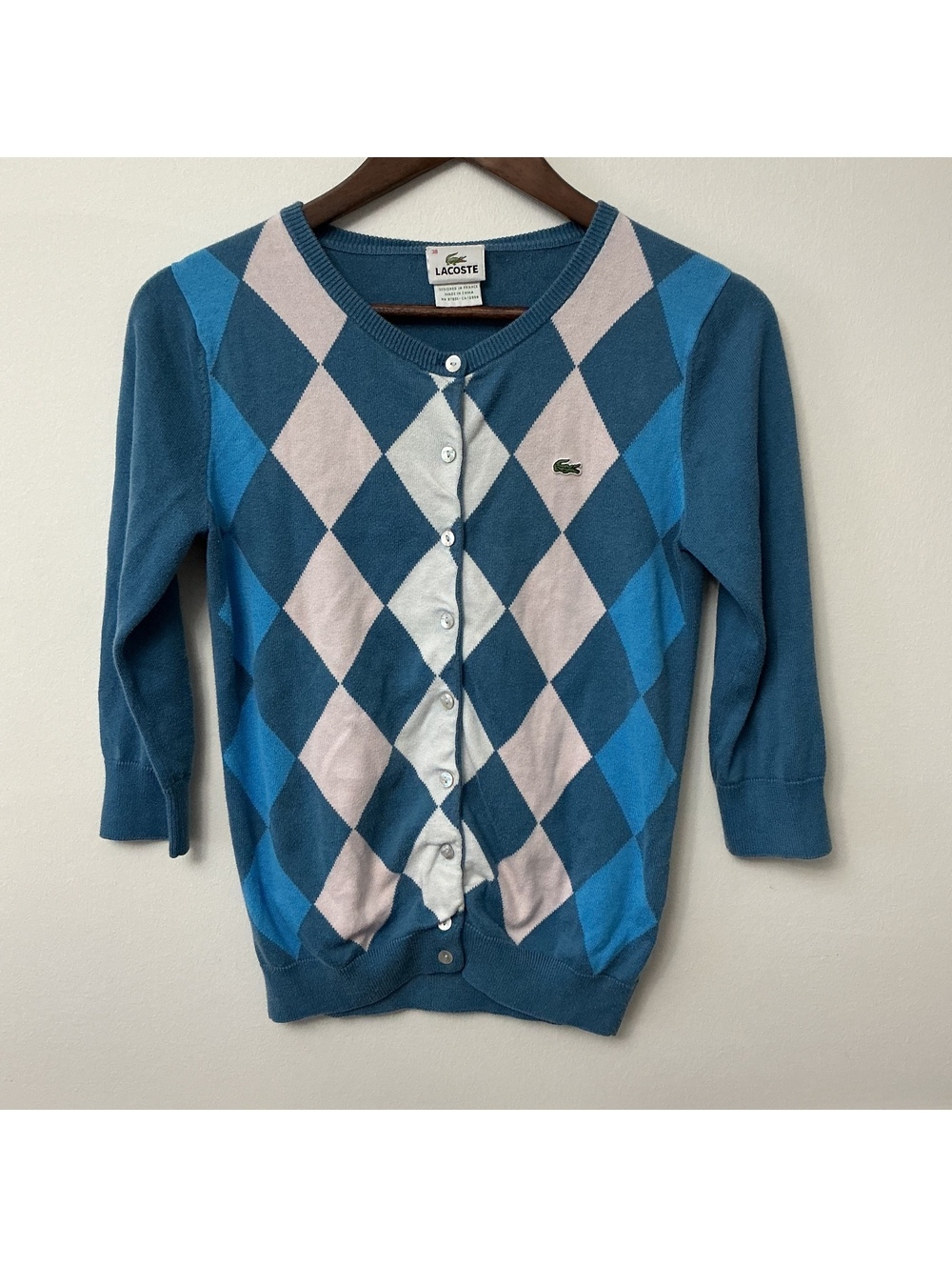 Lacoste Women's Argyle Pattern Button-Up Cardigan Sweater Size 38 (small)